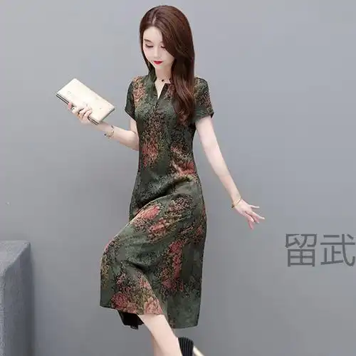 lw真丝香云纱连衣裙女中长款2021新款洋气遮肚子妈妈夏装中老年裙