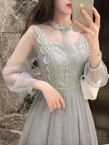 仙气质蕾丝显瘦收腰连衣裙女2020早春新品性感镂空网纱仙女裙子优惠券