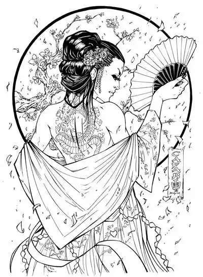 36张艺伎纹身手稿线条图片