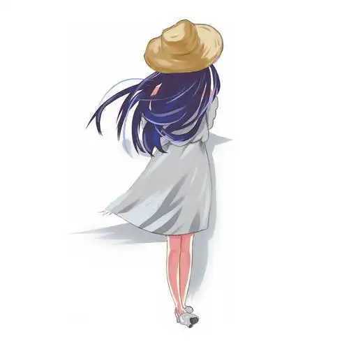 戴着草帽长发飘飘的白色长裙女孩背影手绘插画4805741psd图片免抠素材