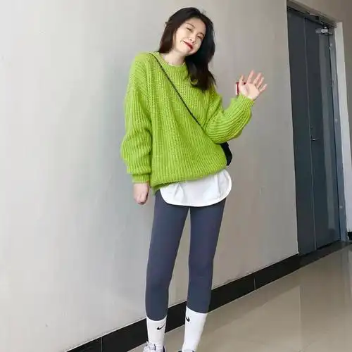 绿色软糯毛衣秋冬季2021年新款韩版宽松时尚慵懒大码女装