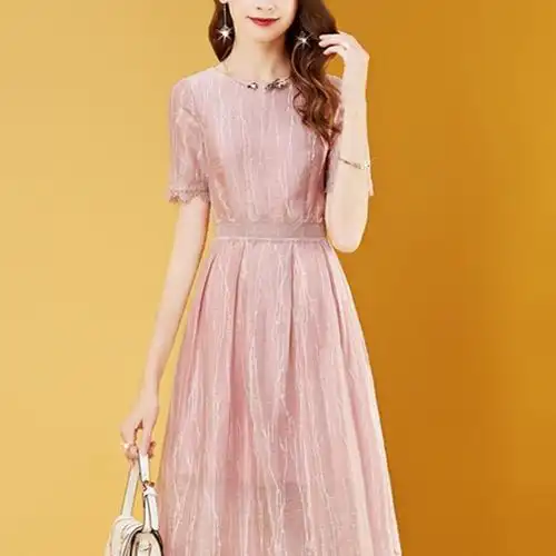 时尚女装粉色裙子减龄中长款雪纺连衣裙女夏季2021新款显瘦a字裙