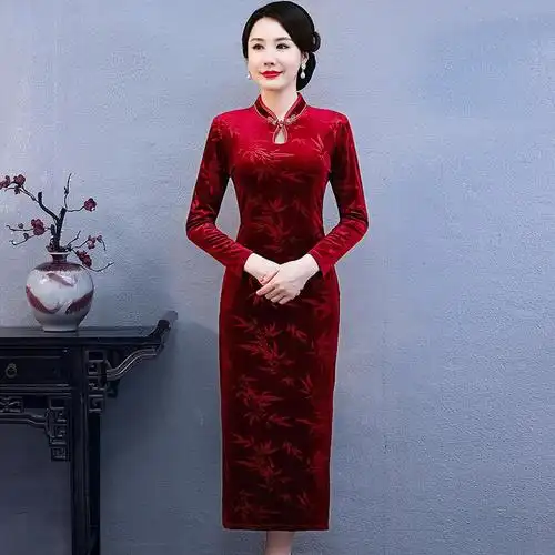 calfland新款改良旗袍长款过膝旗袍裙修身婚礼妈妈装气质礼服裙子