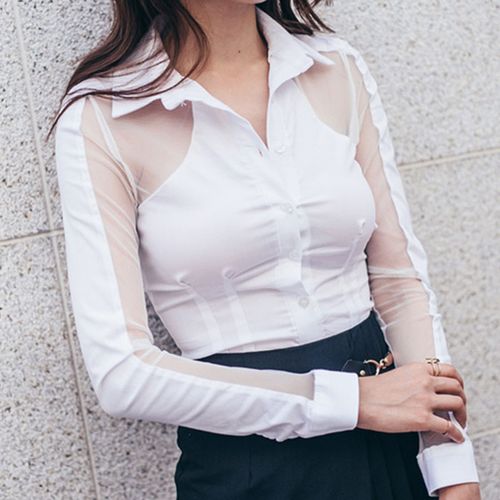 日系翻领衬衫白衬衫职业高品质长袖性感拼接网纱衬衫
