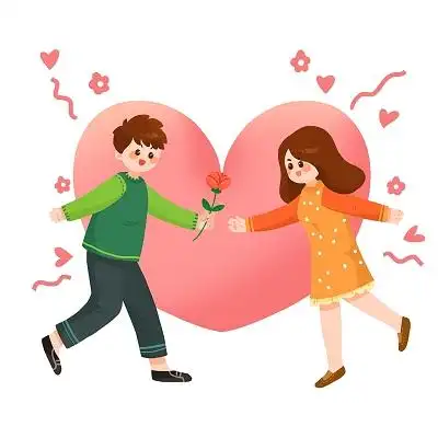 卡通情侣214情人节送玫瑰花的情人元素214浪漫情人节