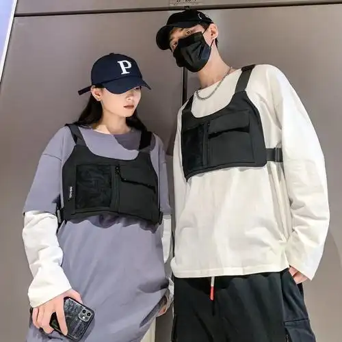 战术胸包男潮牌简约工装嘻哈多功能机能双肩马甲包女时尚潮流背包