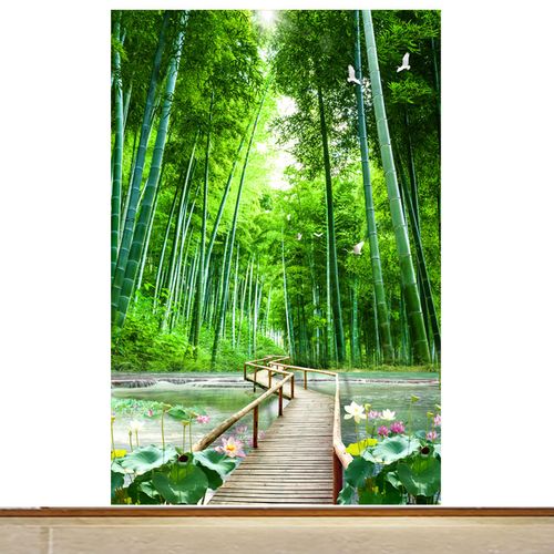 竖版竹林山水画荷花小桥流水仙鹤绿色竹子装饰画小溪招财贴纸墙画