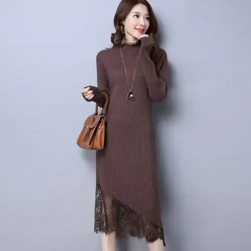 长款打底裙女长袖春秋款过膝长裙蕾丝内搭毛衣修身针织连衣裙冬裙