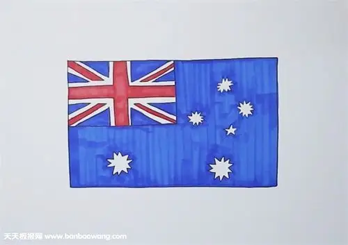七角星和五角星不涂色,简单的澳大利亚国旗简笔画就完成啦!