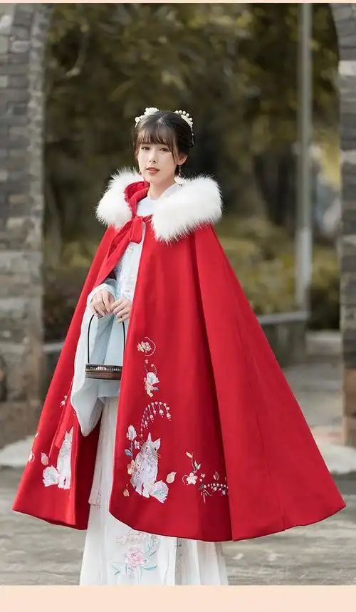 古装汉服斗篷外套女冬古风加绒加厚新款加厚传统重工刺绣长款披风保暖