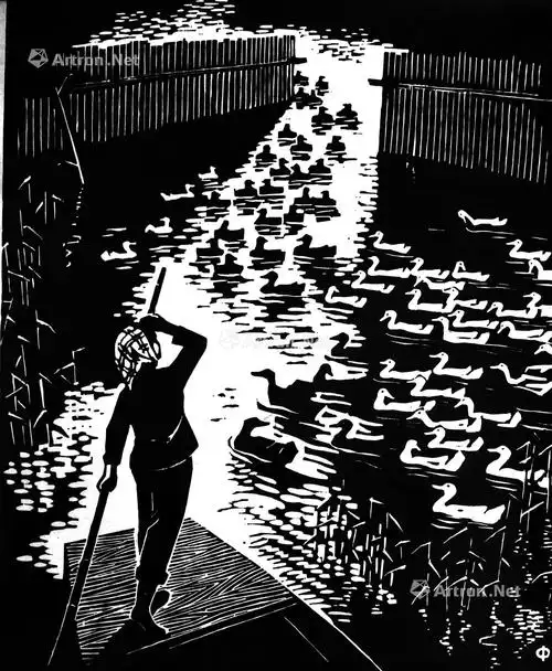 00341979年作放鸭黑白木刻