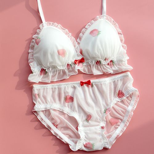 热销蕾丝内衣可爱_日系可爱少女文胸套装薄款无钢圈草莓蕾丝甜美小