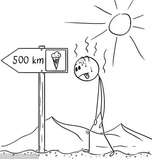 卡通人物口渴地穿过沙漠