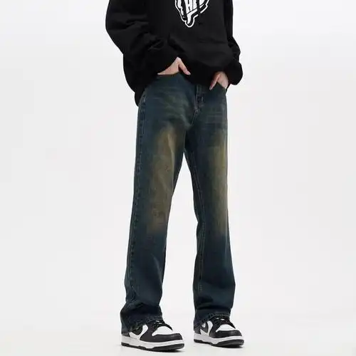 美式水洗怀旧复古蓝牛仔裤男女休闲宽松微喇拖地裤子ins - 17网
