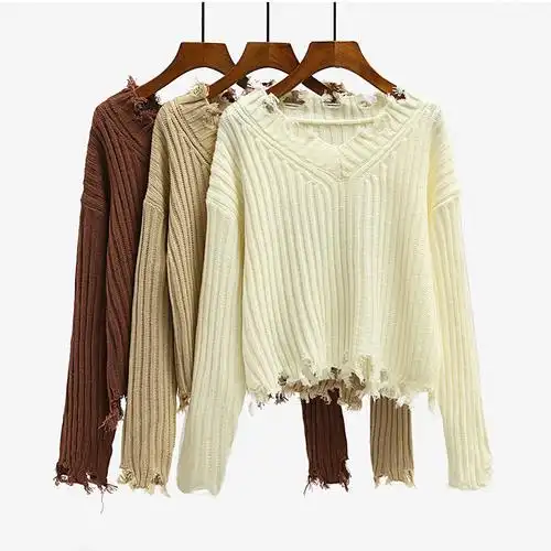 女毛线衣服2017新款 短款 学生_短款毛边破洞毛衣女宽松2017秋冬新款