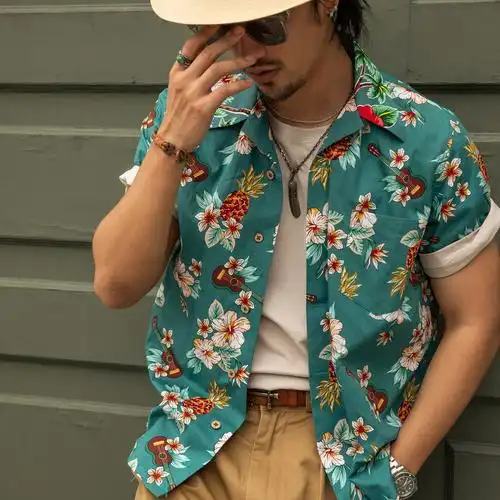 衬衫红风夏威夷夏季短袖宽松古巴领花复古vintage衬衫