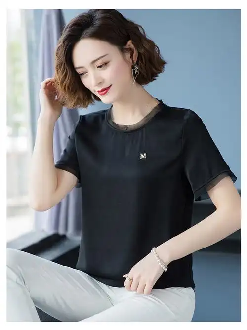 高端品牌真丝女装李真丝短袖t恤女夏装薄款修身百搭短款时尚真丝中袖