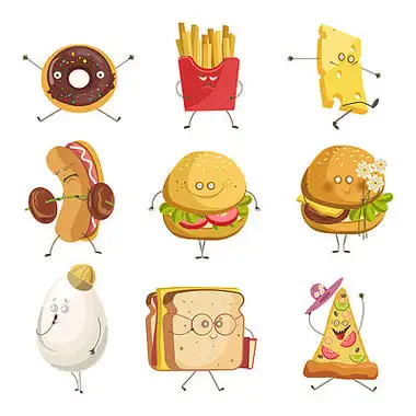 甜甜圈和愤怒的炸薯条,奶酪和锻炼热狗.汉堡和鸡蛋,三明治和比萨饼.