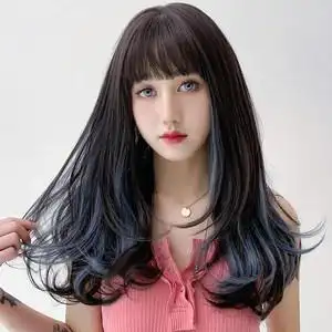 假发女中长发挑染雾蓝色大波浪长卷发自然全头套蓬松网红空气刘海