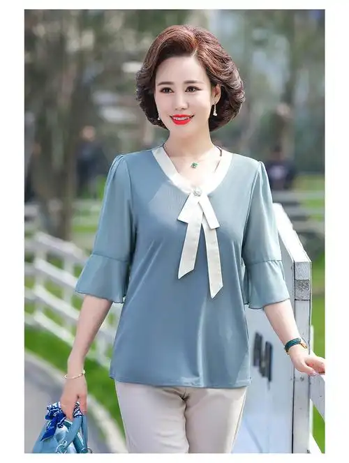 中老年女装2022新款妈妈夏装时尚减龄雪纺小衫中老年女装洋气宽松短袖