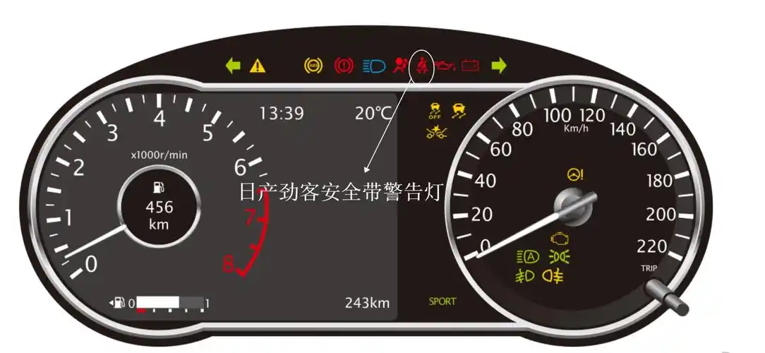大全大图【日产劲客安全带警告灯】如果安全带未系,指示灯会一直亮起