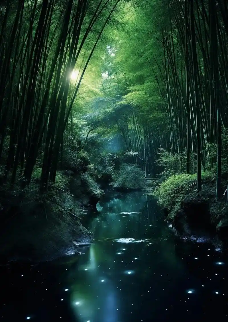 竹林小溪流水声声悦耳随着微风的吹拂