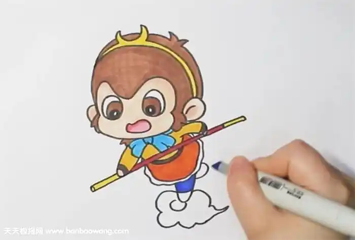 着往下画出美猴王孙悟空的上半身衣服与动作,双手一前一后拿着金箍棒