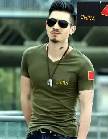 刺绣种兵t恤中国短袖男军装紧身军迷服部队军装t恤 中国字款v领军绿色