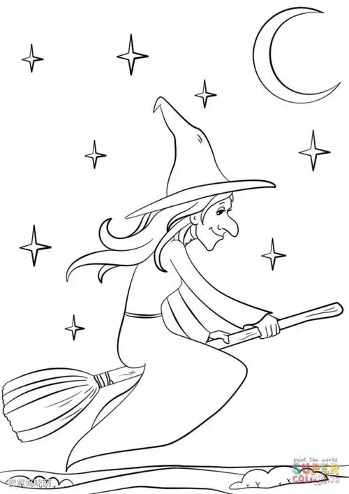 巫婆骑扫帚填色图片