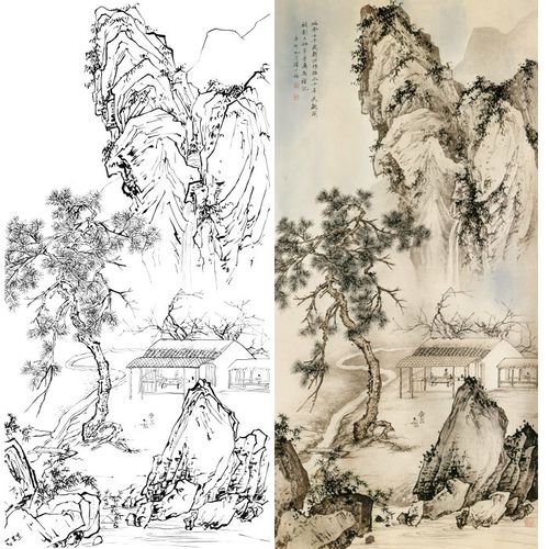 陈少梅工笔画山水画白描底稿国画四尺六尺山水临摹勾线练习打印稿