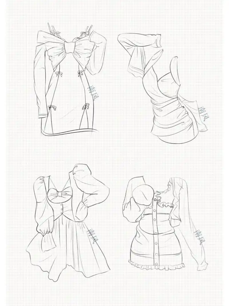画画|服装设计|款式图|裙子|绘画素材  ——不同动态下的服装褶皱画法