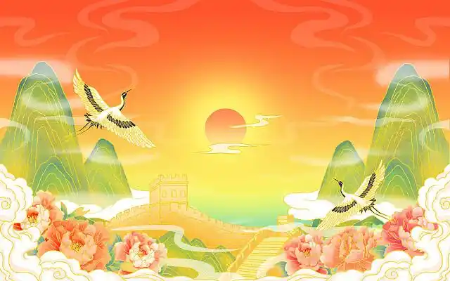 国庆电商节节日国潮国风古风卡通手绘插画风景背景素材山水花鹤