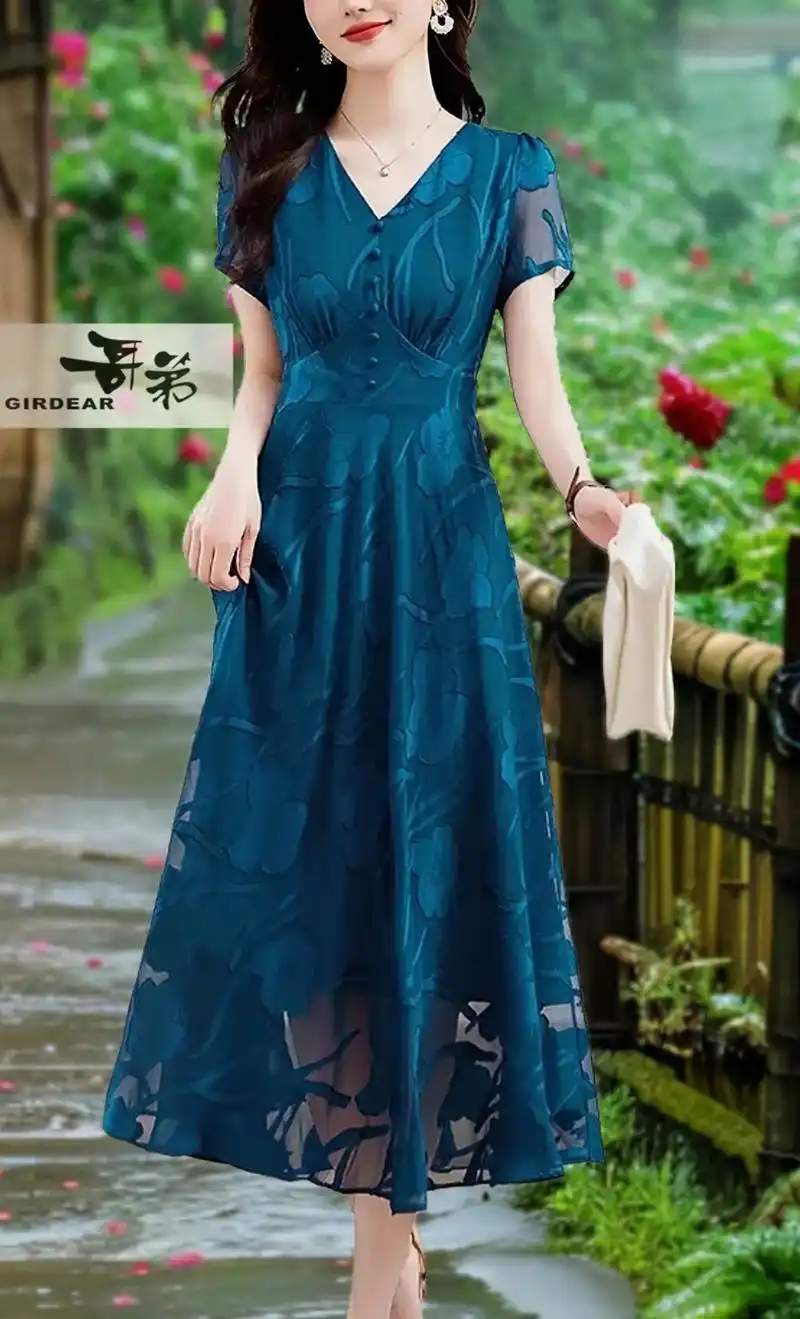 姊妹们;哥弟真丝蓝色连衣裙新款夏季高端女装提花长款收腰显瘦气质长