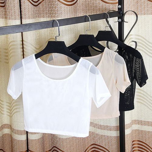 2019夏季新款半截打底衫半身女短袖纱衣短款网纱t恤高腰内搭上衣