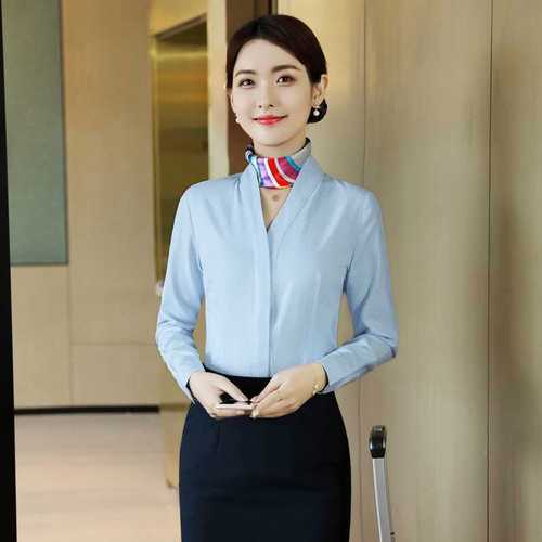 新空乘面试职业装衬衫女工作服v领长袖白衬衣南航空姐制服条纹短