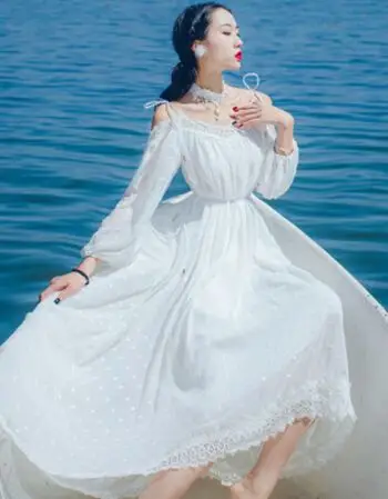 泰国旅拍美照唯美海边旅游度假沙滩裙中长款裙子白仙仙连衣裙 白色 l