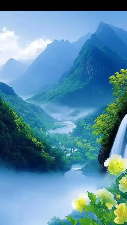 瀑布飞流山间挂,云雾缭绕似仙家