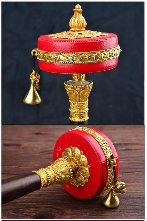 亚青金色红皮转经轮 手摇转经筒纯铜大号西藏式观音心咒持转经桶