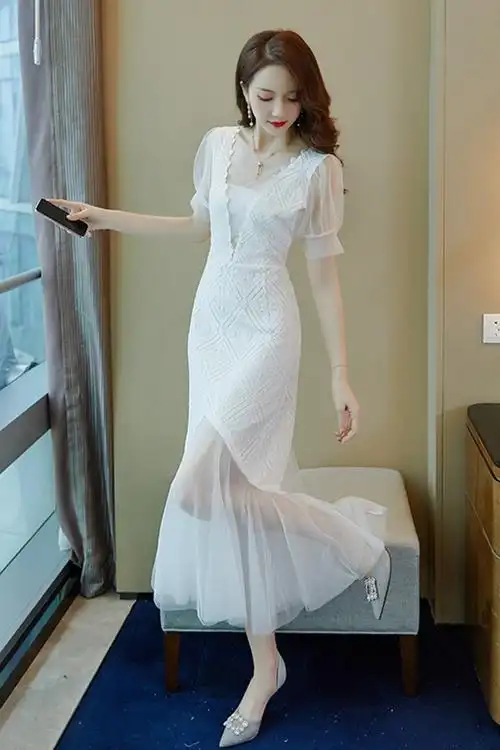 白色蕾丝连衣裙新款夏女装流行显瘦裙子名媛礼服气质网纱鱼尾裙潮
