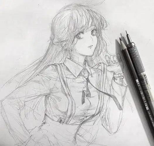 铅笔稿,动漫人物线稿,活泼可爱的美少女