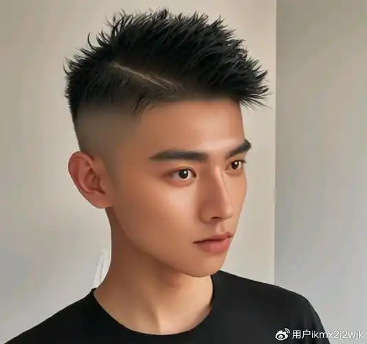 男士飞机头的特点是头顶的头发向上竖起,形成一个尖锐的角度,像一架