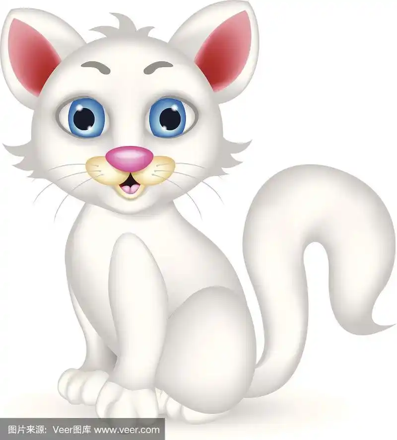 可爱的毛茸茸的白猫卡通矢量插图