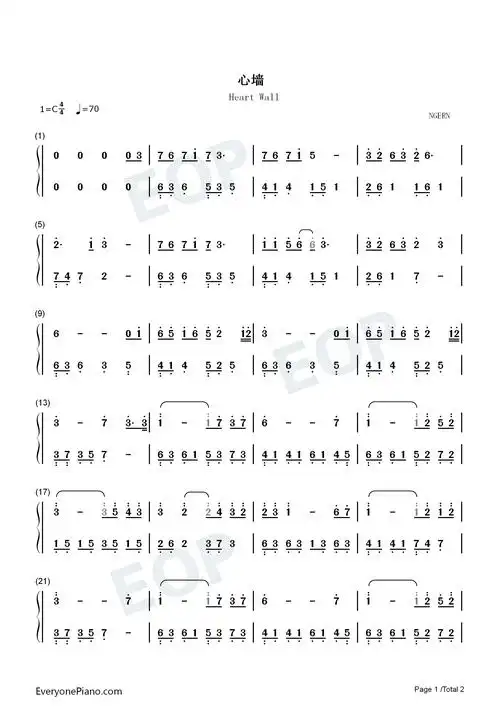 心墙-c调简单版-锦衣之下片尾曲-钢琴谱文件(五线谱,双手简谱,数字谱