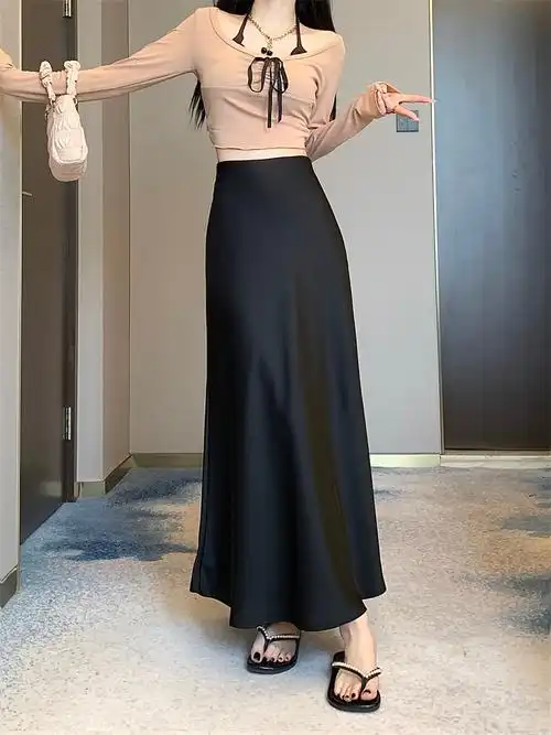 实拍~鱼尾裙半身裙女春季新款丝滑缎面垂感包臀中长款高腰a字裙 - 17