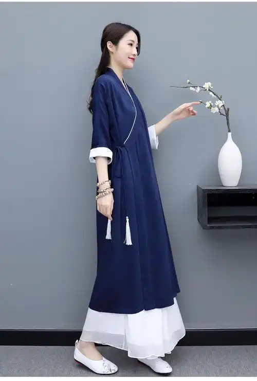 居士修行佛系女装改良汉服中国风日常中式交领外套宽松禅服茶服女藏青