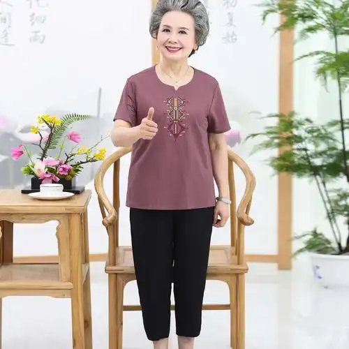 中老年人夏装女妈妈短袖套装奶奶夏天t恤60-70岁80太太老人衣服薄