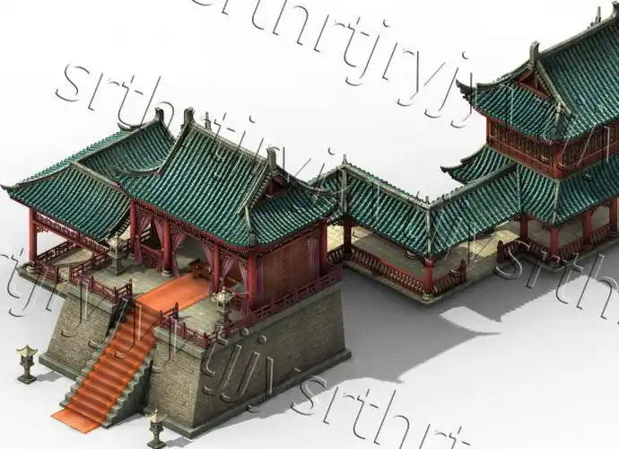 一座宏伟壮观的鹿台建筑3d高模模型,三国时期的楼宇楼阁建筑群,青砖