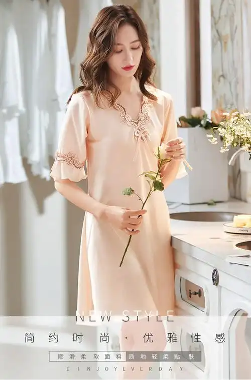 女士春夏季睡裙睡衣女夏韩版短袖蕾丝性感真丝绸宽松薄款冰丝睡裙春秋