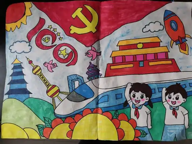 绘画作品中,一个个党徽,党旗,国旗,天安门,长城,红领巾等中国元素无不