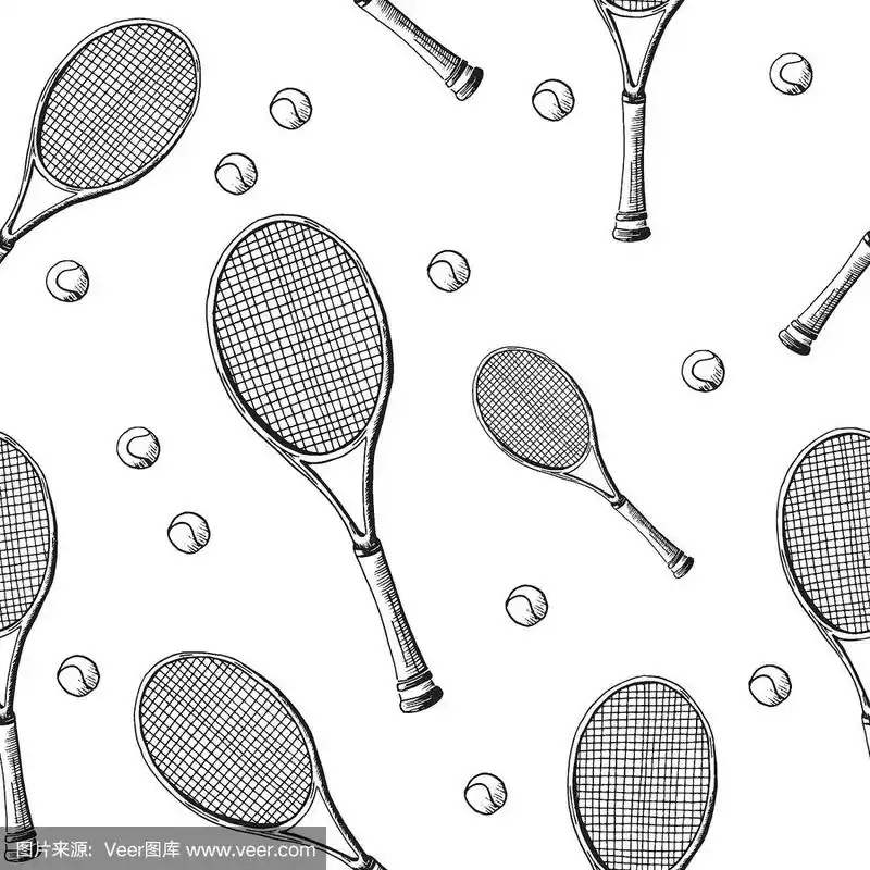 无缝模式手绘黑色素描风格的网球拍与网球在白色的背景.向量的背景.